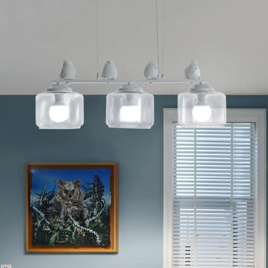 Clear Glass 3-Bulb Island Lighting Fixture: Traditional White Hanging Light Kit With Birds - Perfect