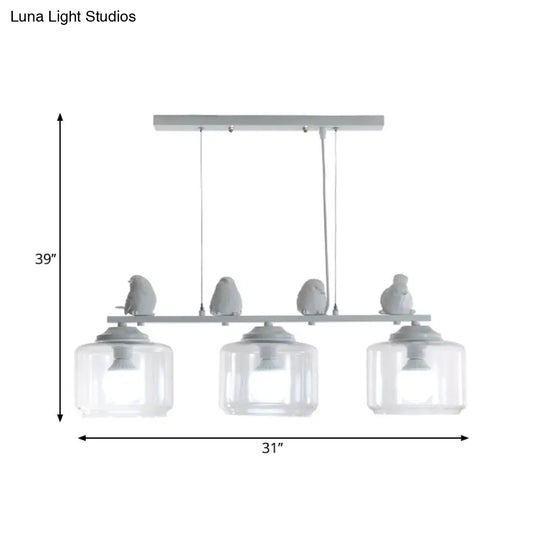 Clear Glass 3-Bulb Island Lighting Fixture: Traditional White Hanging Light Kit With Birds - Perfect