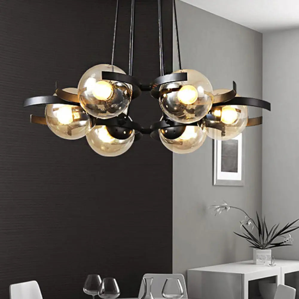 Clear Glass Ball Pendant Chandelier - Contemporary 6 Light Black Ceiling Fixture For Dining Room