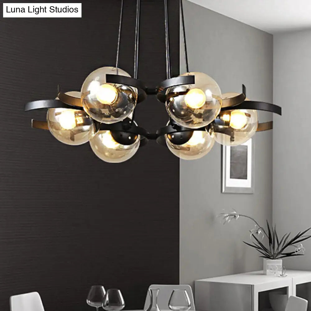 Contemporary 6-Light Black Chandelier With Clear Glass Ball Pendant For Dining Room