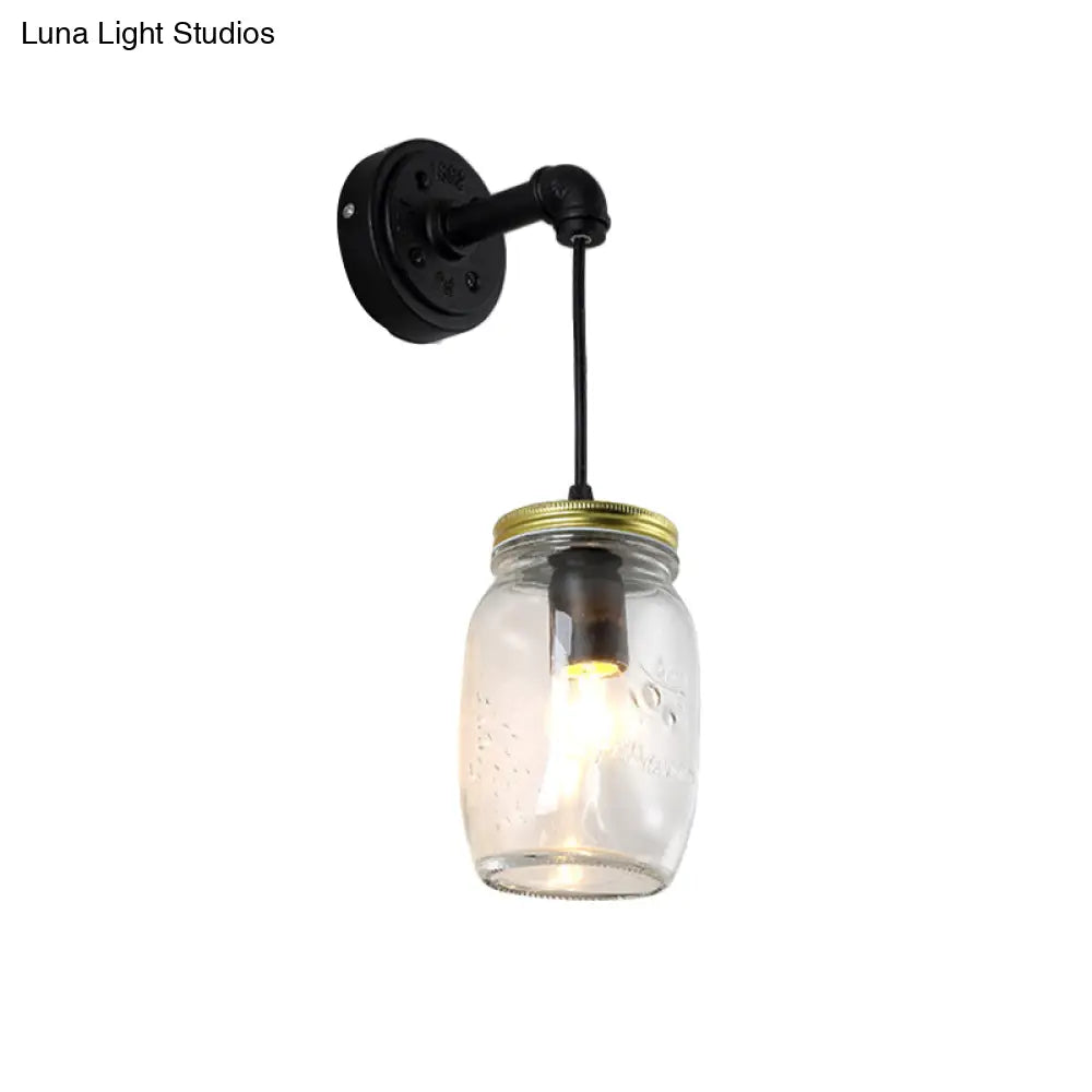 Clear Glass Black Wall Sconce With Industrial Lighting Jar Shade - 1-Light Fixture For Corridor