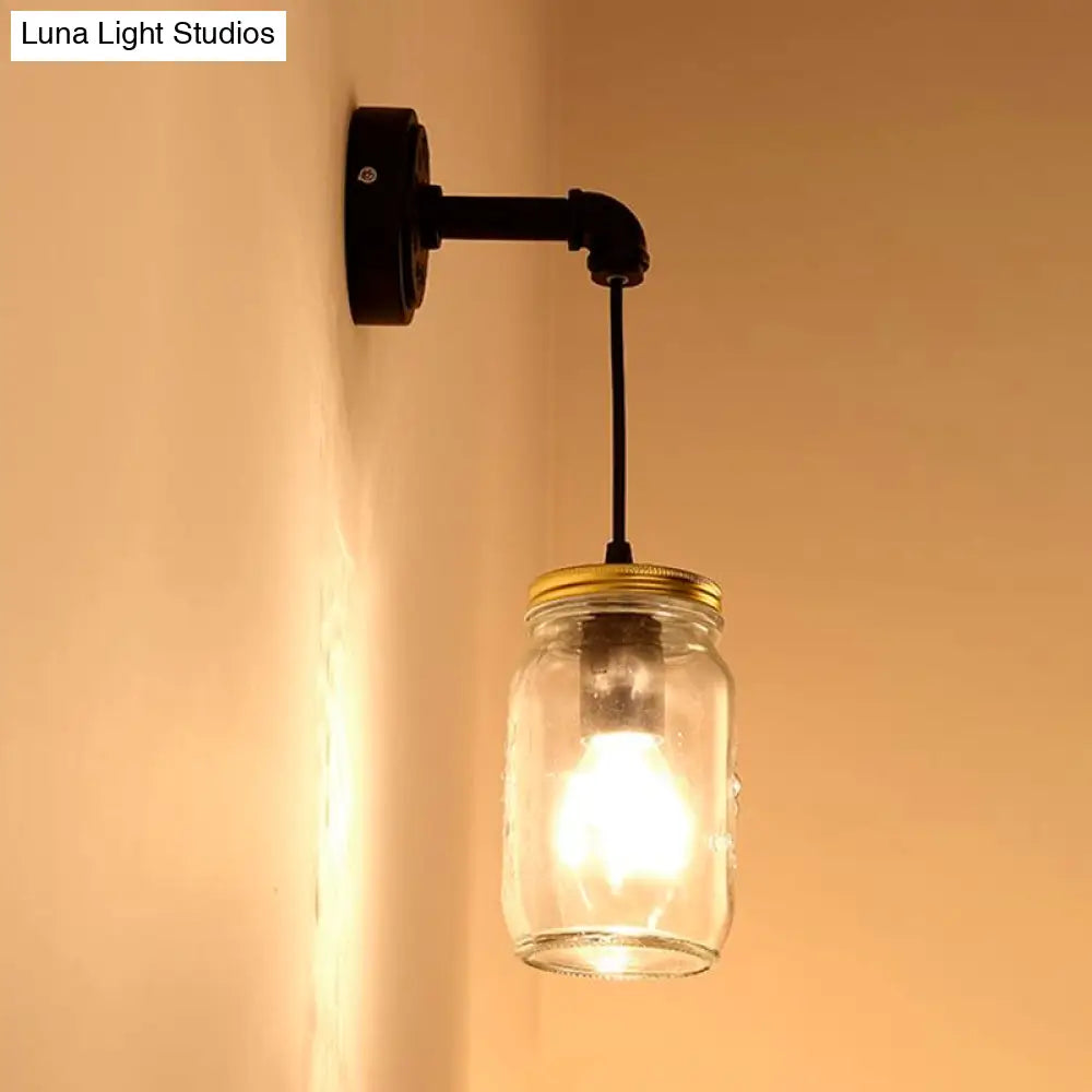 Clear Glass Black Wall Sconce With Industrial Lighting Jar Shade - 1-Light Fixture For Corridor