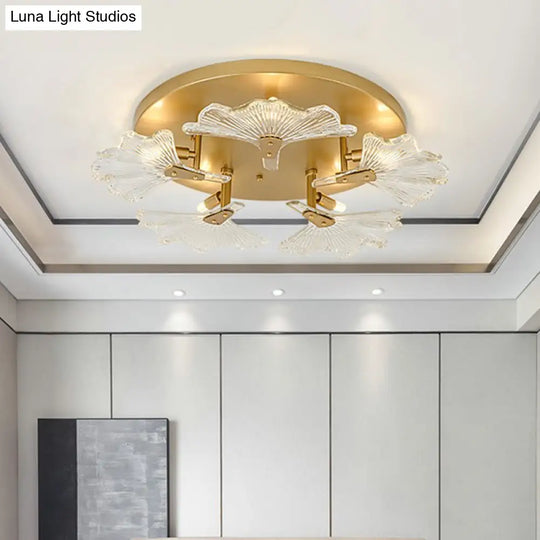 Clear Glass Brass Flush Mount Ceiling Light Fixture For Dining Room With 5 Bulbs