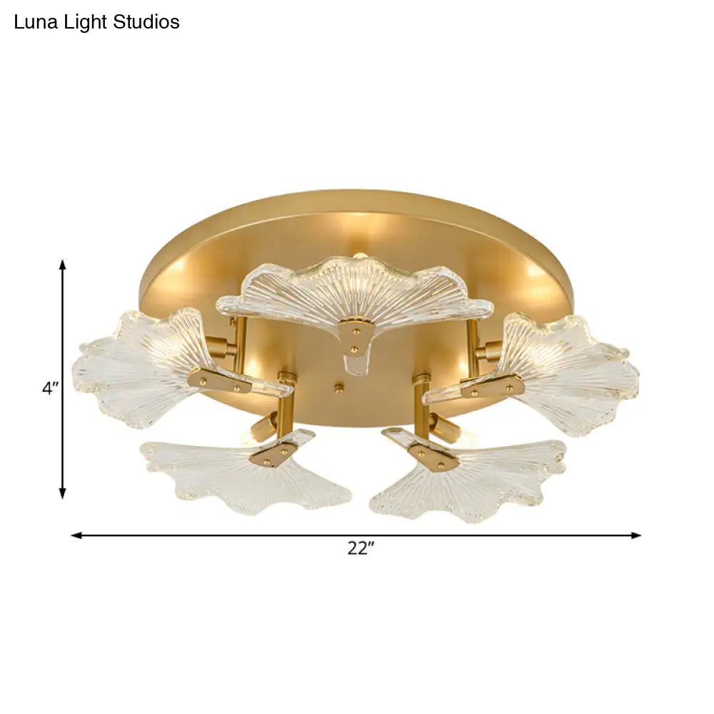 Clear Glass Brass Flush Mount Ceiling Light Fixture For Dining Room With 5 Bulbs