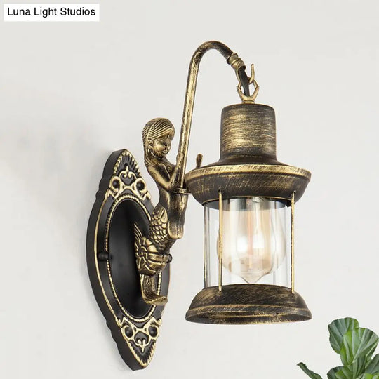 Clear Glass Bronze Sconce Light Lantern 1-Light Industrial Wall Lamp With Mermaid Decor