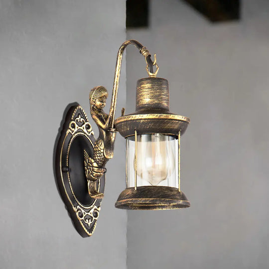 Clear Glass Bronze Sconce Light Lantern 1-Light Industrial Wall Lamp With Mermaid Decor