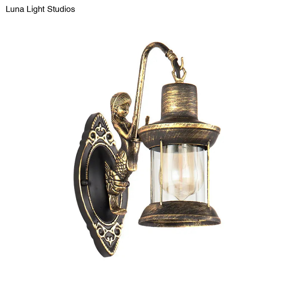 Clear Glass Bronze Sconce Light Lantern 1-Light Industrial Wall Lamp With Mermaid Decor