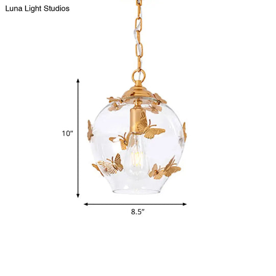 Clear Glass Bud Drop Pendant Light - Contemporary 1-Light Bedroom Suspension Lamp With Butterfly