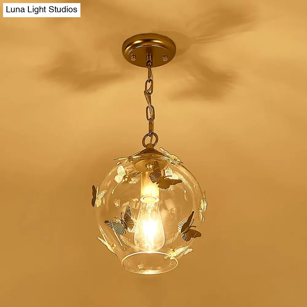 Clear Glass Bud Drop Pendant Light - Contemporary 1-Light Bedroom Suspension Lamp With Butterfly