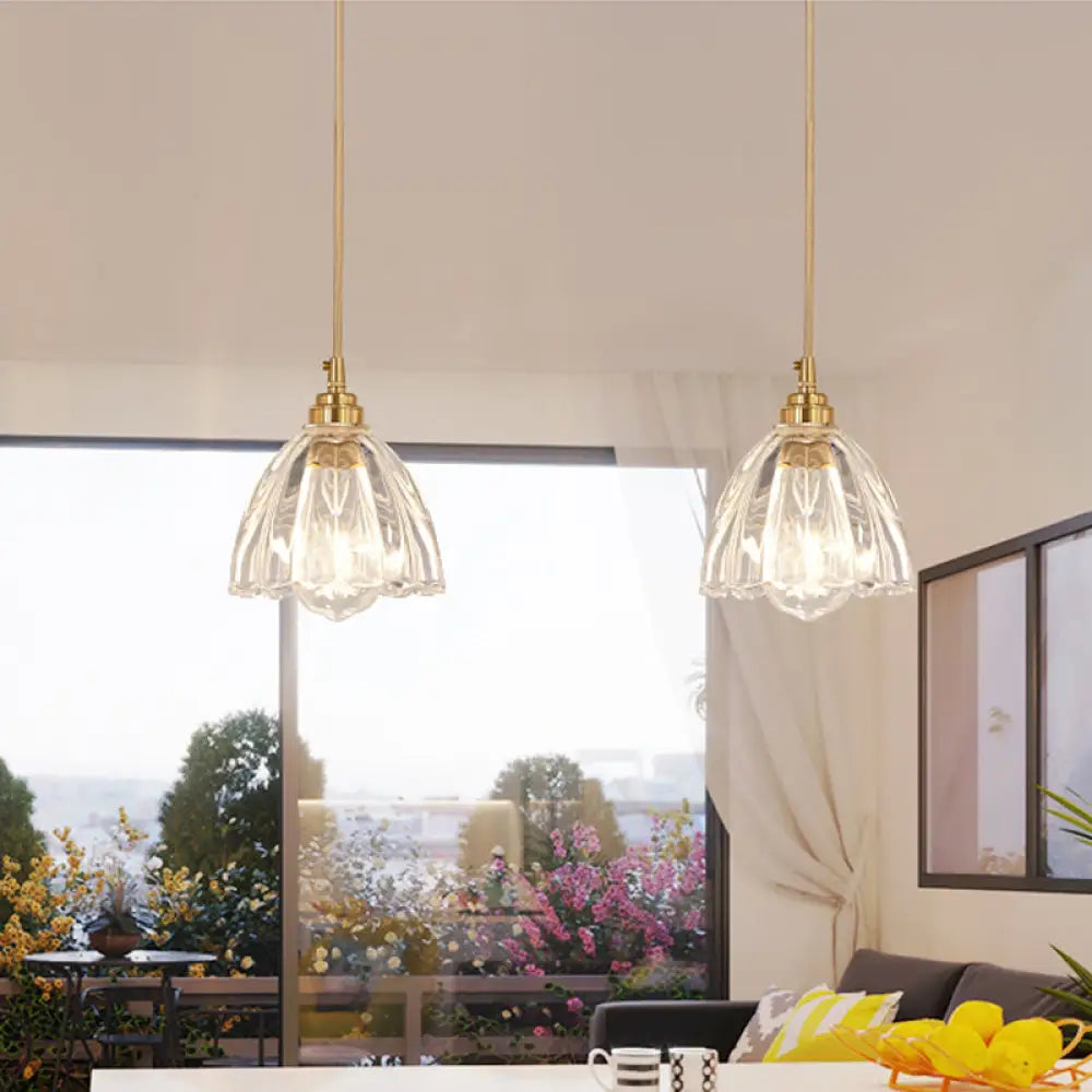 Clear Glass Bud Kitchen Pendant Light With Brass Suspension