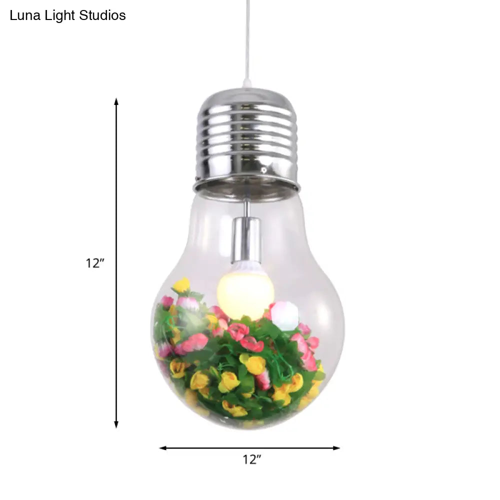 Clear Glass Bulb Pendant Lamp - Industrial Style 1-Light Hanging Light With Artificial Flower