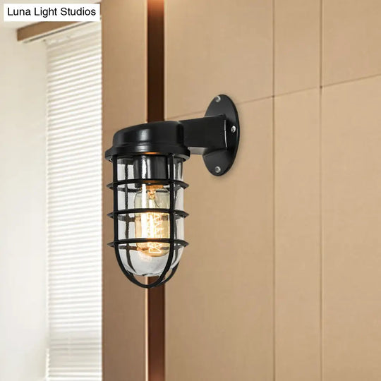 Clear Glass Caged Sconce Light - Black/White/Rust 1-Light Traditional Wall Lamp For Porch