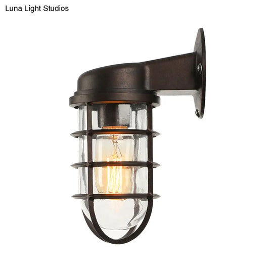 Clear Glass Caged Sconce Light - Black/White/Rust 1-Light Traditional Wall Lamp For Porch