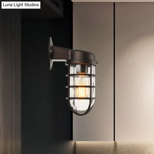 Clear Glass Caged Sconce Light - Black/White/Rust 1-Light Traditional Wall Lamp For Porch