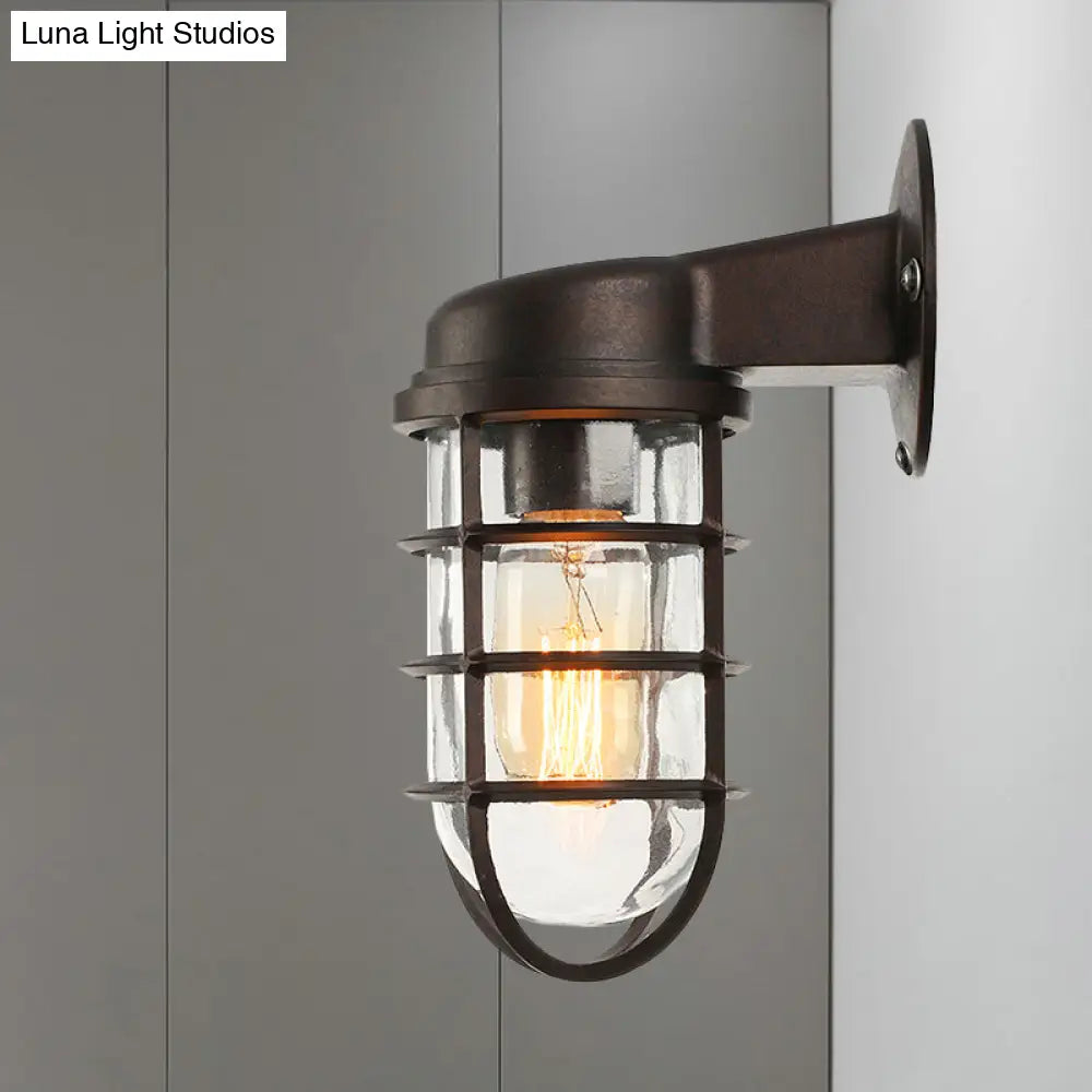 Clear Glass Caged Sconce Light - Black/White/Rust 1-Light Traditional Wall Lamp For Porch