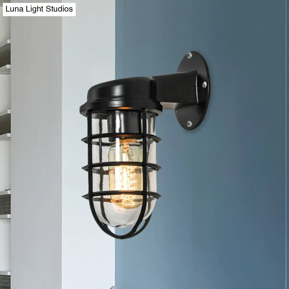 Clear Glass Caged Sconce Light - Black/White/Rust 1-Light Traditional Wall Lamp For Porch