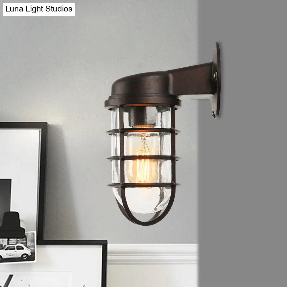 Clear Glass Caged Sconce Light - Black/White/Rust 1-Light Traditional Wall Lamp For Porch