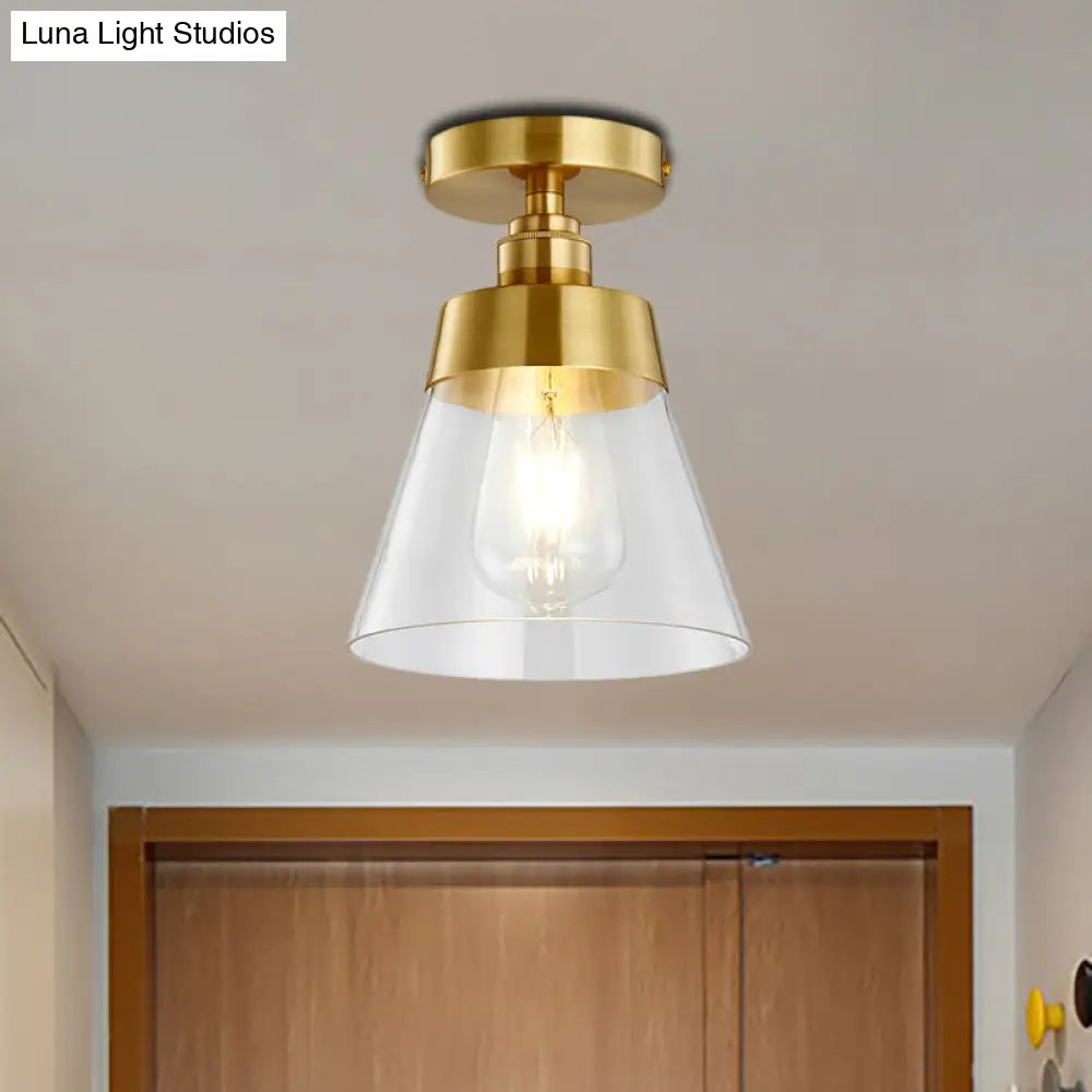 Clear Glass Ceiling Flush Mount Industrial Pendant Light - Cone Design Brass Finish Balcony Lighting