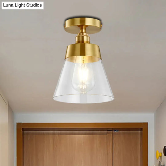 Clear Glass Ceiling Flush Mount Industrial Pendant Light - Cone Design Brass Finish Balcony Lighting