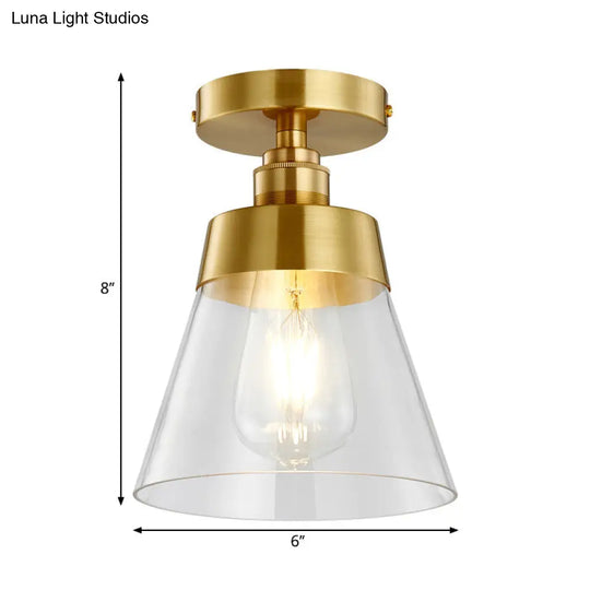 Clear Glass Ceiling Flush Mount Industrial Pendant Light - Cone Design Brass Finish Balcony Lighting