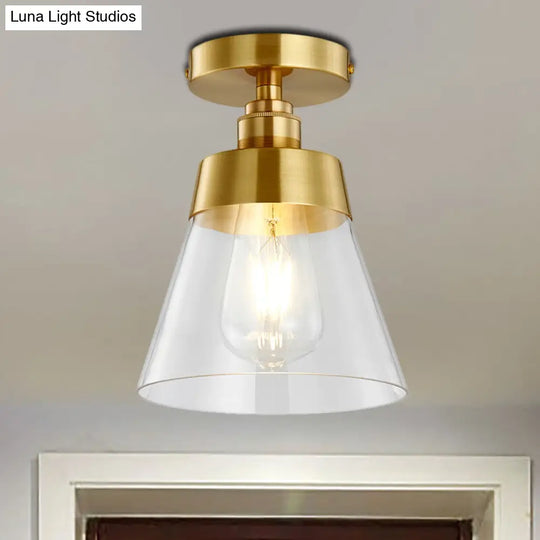 Clear Glass Ceiling Flush Mount Industrial Pendant Light - Cone Design Brass Finish Balcony Lighting