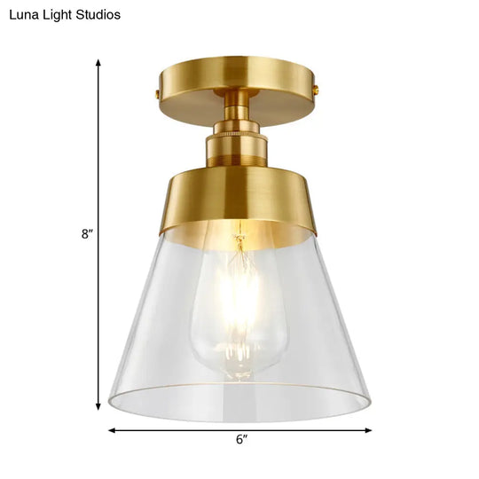 Clear Glass Ceiling Flush Mount Industrial Pendant Light - Cone Design Brass Finish Balcony Lighting