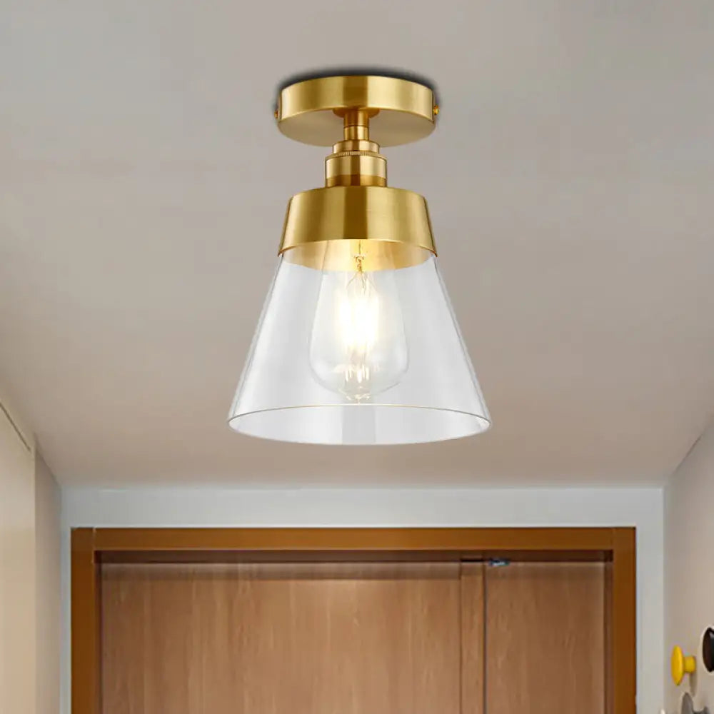 Clear Glass Ceiling Flush Mount Industrial Pendant Light - Cone Design Brass Finish Balcony Lighting