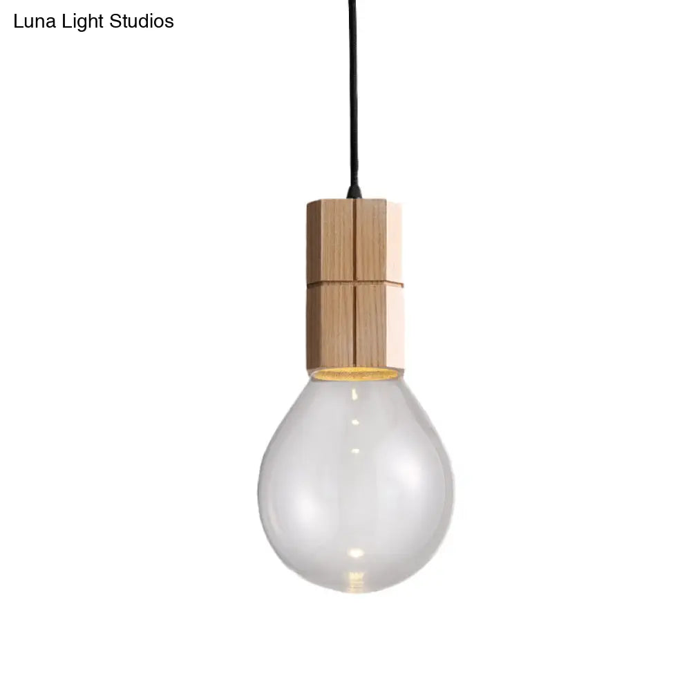 Modern Clear Glass Ceiling Pendant Light With Exposed Bulb - Wood Hanging Lamp Kit In Warm/White