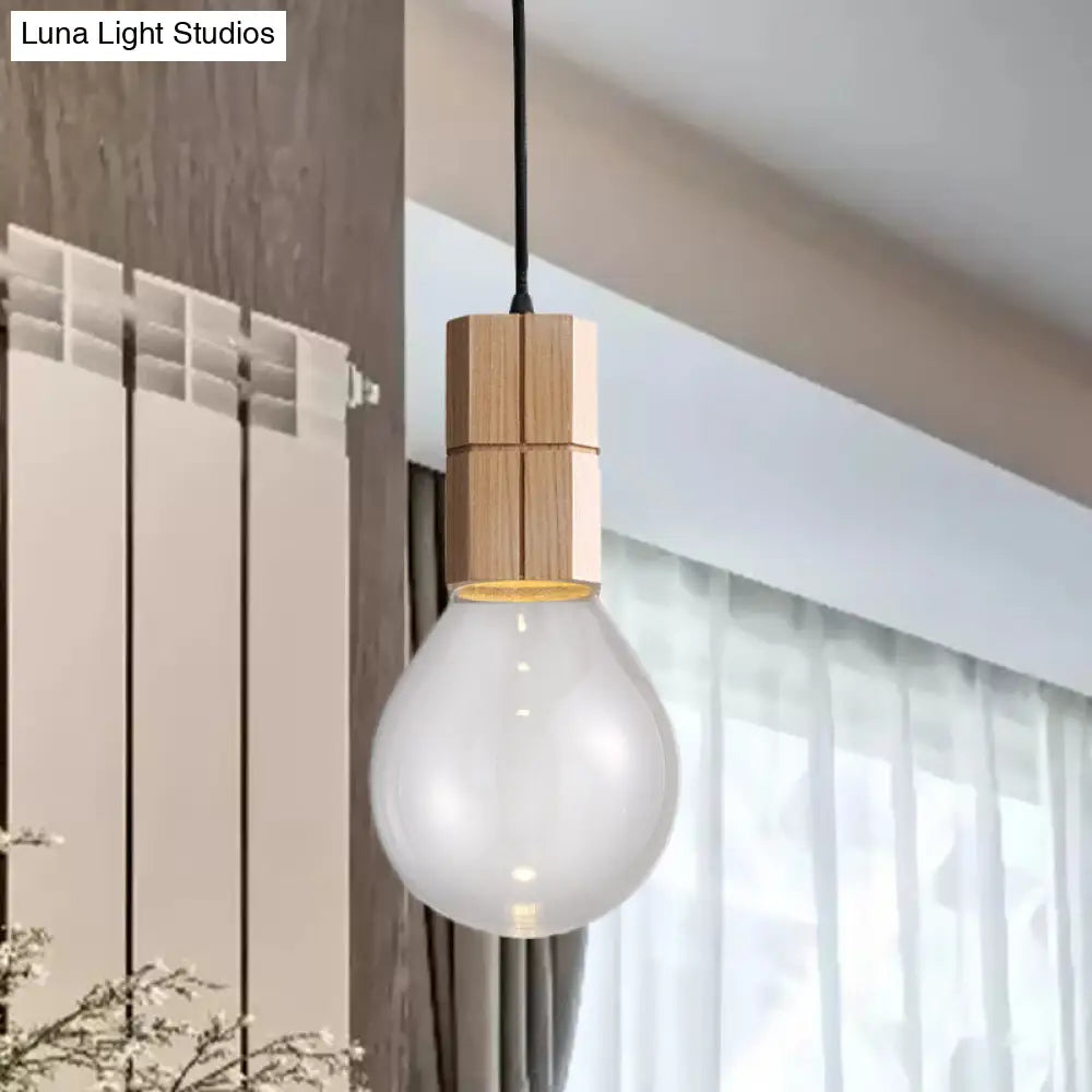 Modern Clear Glass Ceiling Pendant Light With Exposed Bulb - Wood Hanging Lamp Kit In Warm/White /