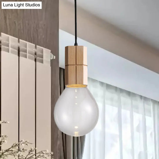 Modern Clear Glass Ceiling Pendant Light With Exposed Bulb - Wood Hanging Lamp Kit In Warm/White /