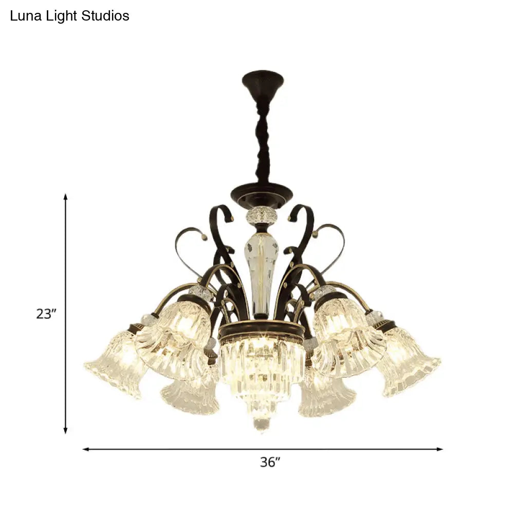 Clear Glass Chandelier With Black Bell Design - 6/8 Heads For Countryside Living Room Ceiling