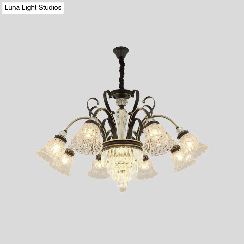 Clear Glass Chandelier With Black Bell Design - 6/8 Heads For Countryside Living Room Ceiling