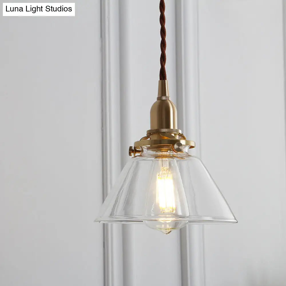 Clear Glass Brass Conic Pendant Lamp For Dining Room- Single Head Suspension Lighting