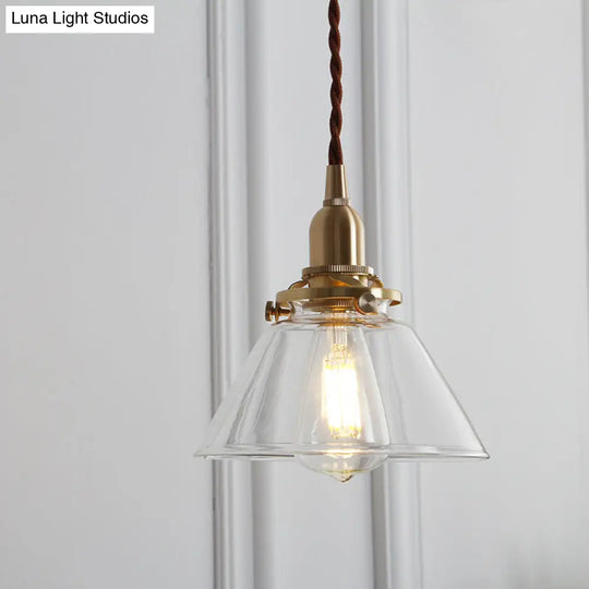 Clear Glass Brass Conic Pendant Lamp For Dining Room- Single Head Suspension Lighting