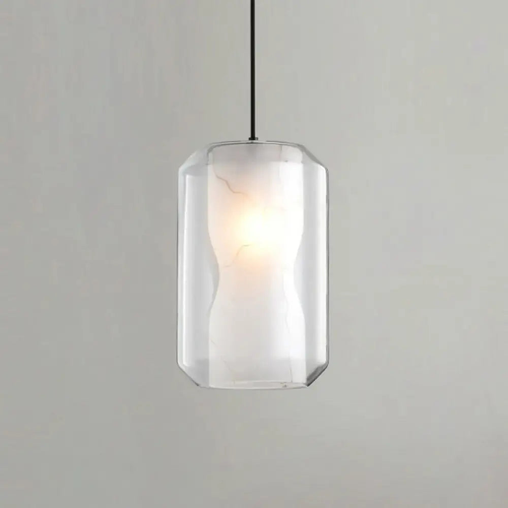 Clear Glass Cylinder Pendant Light With White Marble Shade - 1-Light Dining Room Ceiling Lighting