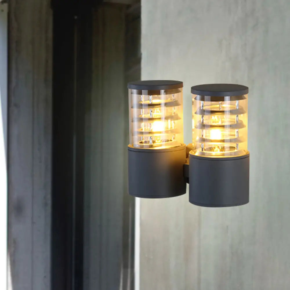 Clear Glass Cylinder Wall Sconce - 2-Light Outdoor Lamp In Grey With Inner Multi Circle Design