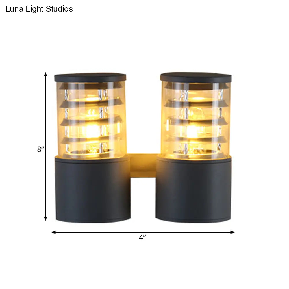 Clear Glass Cylinder Wall Sconce - 2-Light Outdoor Lamp In Grey With Inner Multi Circle Design