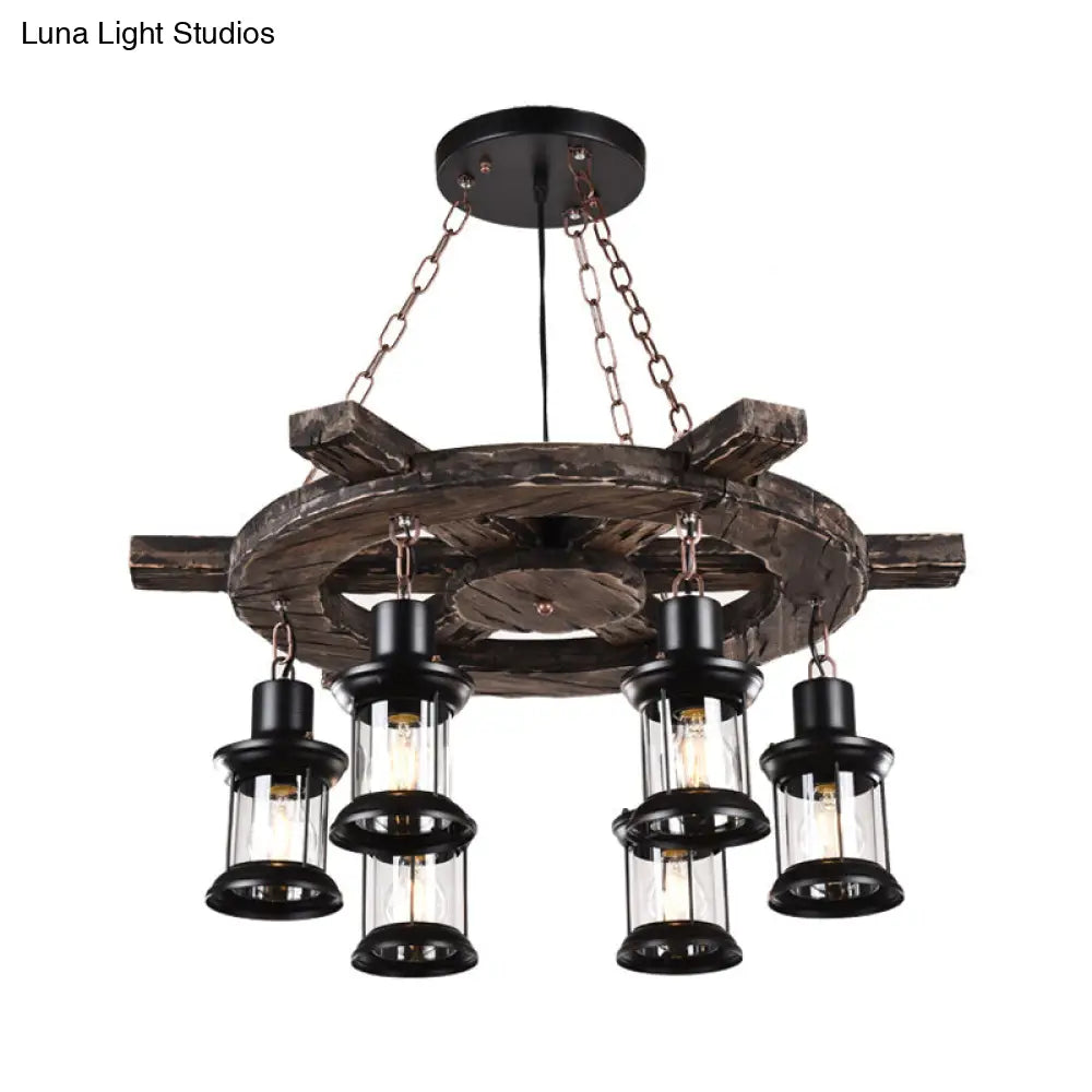 Clear Glass Drop Pendant Chandelier With 6 Lights: Factory Black/Gray Kerosene Design And Wood