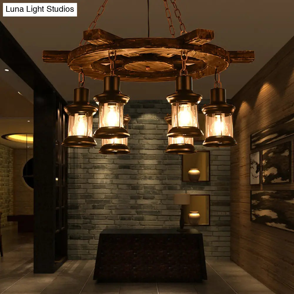 Clear Glass Drop Pendant Chandelier With 6 Lights: Factory Black/Gray Kerosene Design And Wood