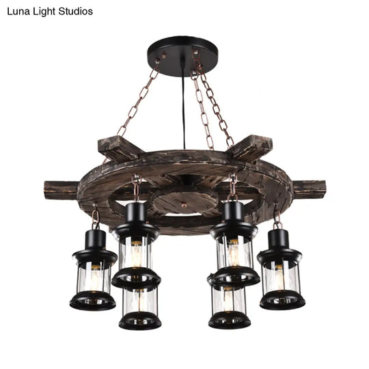 Clear Glass Drop Pendant Chandelier With Wood Rudder Deco - 6-Light Factory Black/Gray Kerosene