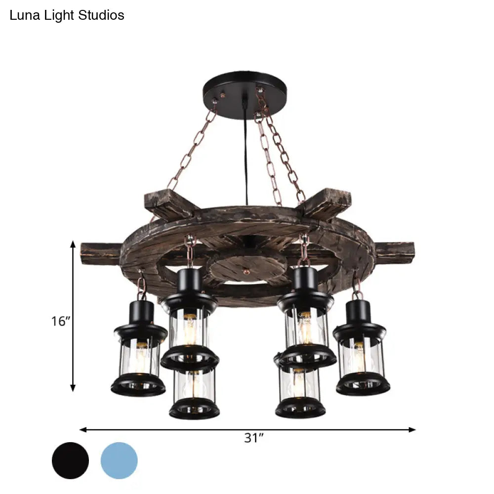 Clear Glass Drop Pendant Chandelier With 6 Lights: Factory Black/Gray Kerosene Design And Wood