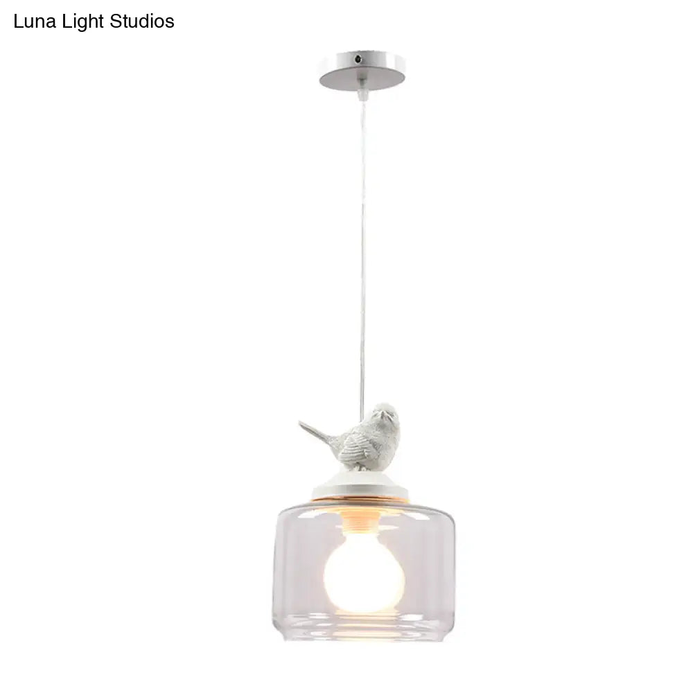 Contemporary Clear Glass Drum Pendant Light With Bird Decoration For Restaurants