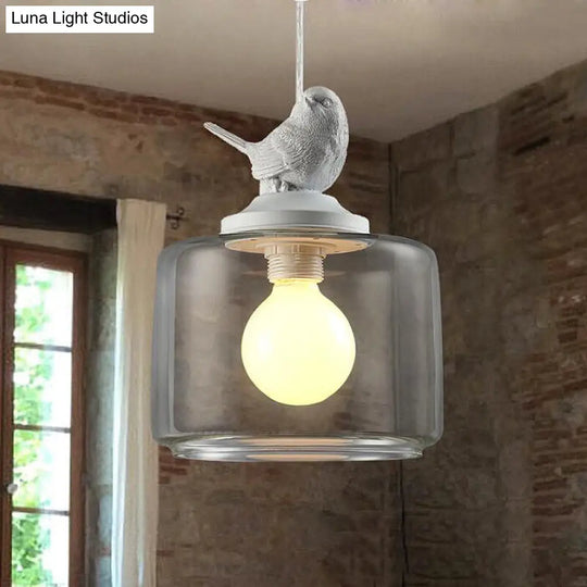 Contemporary Clear Glass Drum Pendant Light With Bird Decoration For Restaurants