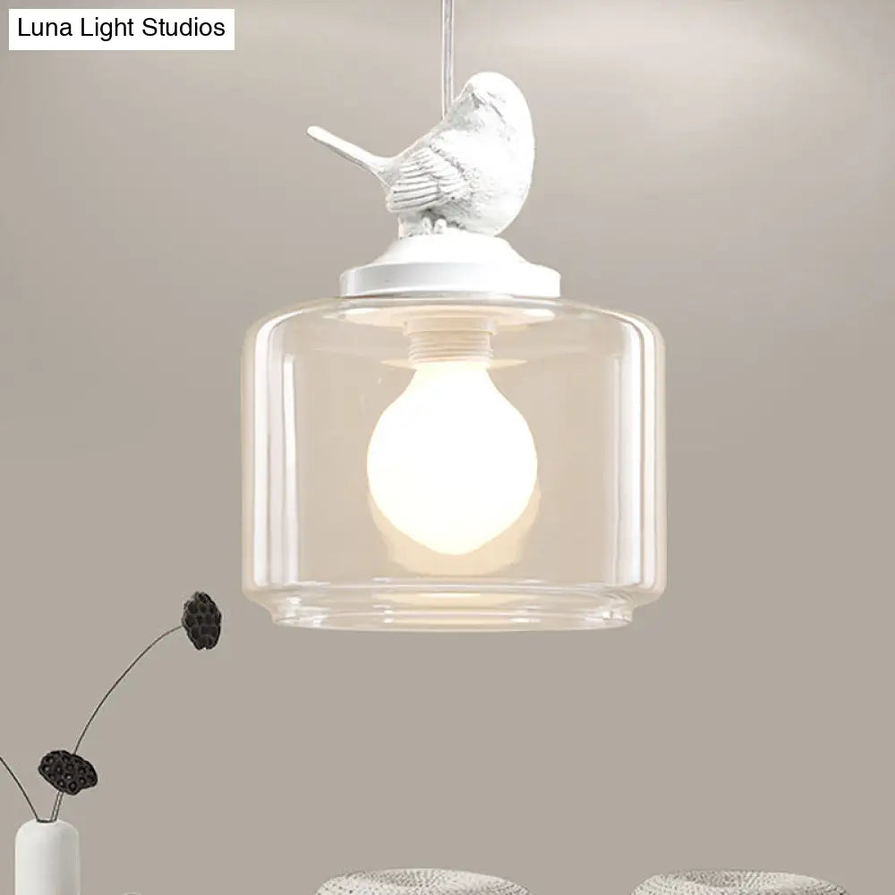 Contemporary Clear Glass Drum Pendant Light With Bird Decoration For Restaurants