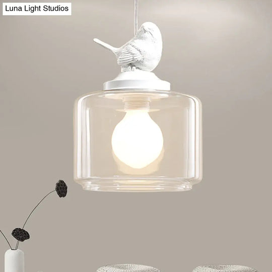 Contemporary Clear Glass Drum Pendant Light With Bird Decoration For Restaurants