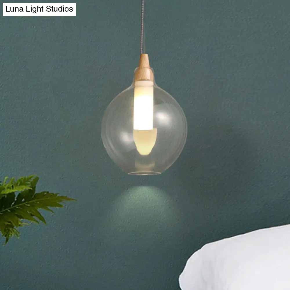 Clear Glass Dual Shade Pendant Light With Wood Seal - Simplicity 1-Light Hanging Ceiling Fixture