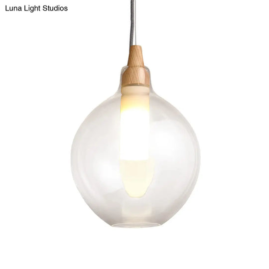 Clear Glass Dual Shade Pendant Light With Wood Seal - Simplicity 1-Light Hanging Ceiling Fixture