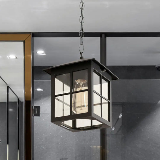 Clear Glass Farmhouse Hanging Pendant Light With 1 Bulb Cuboid Design (Black/Bronze) Black