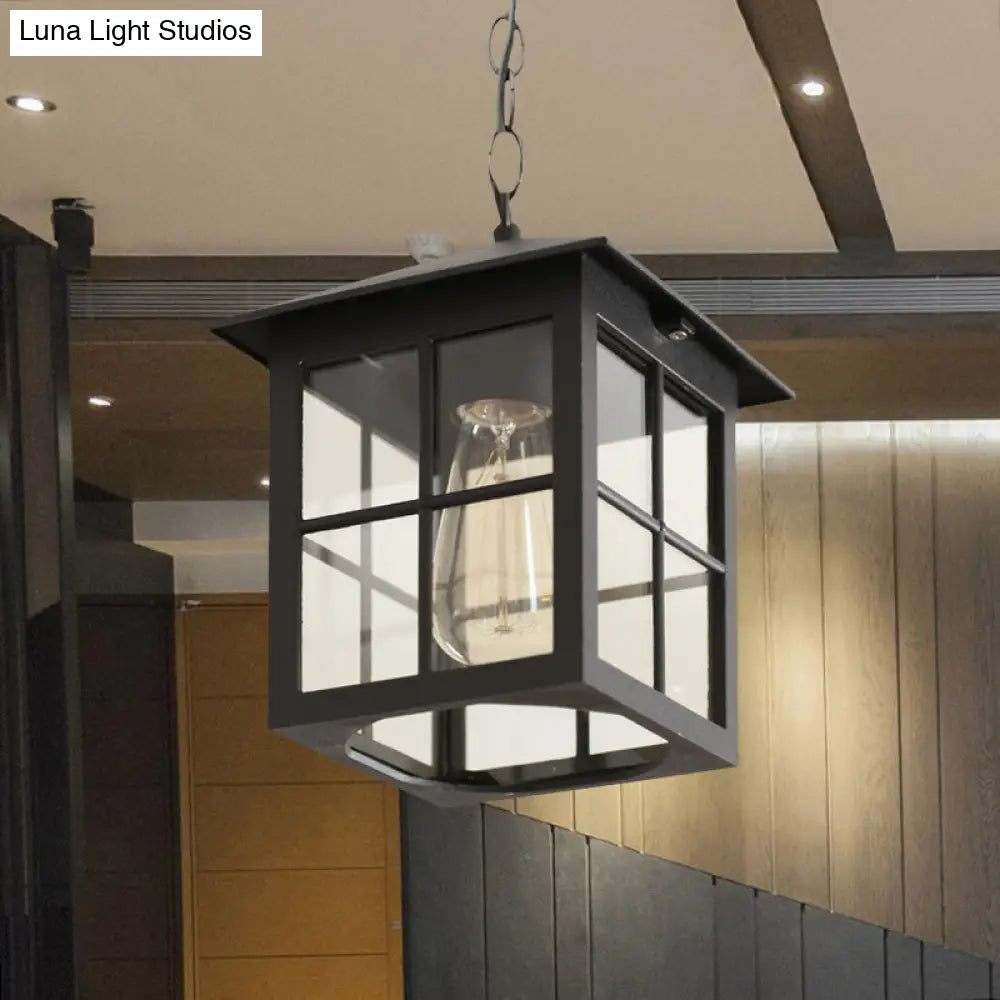 Clear Glass Farmhouse Hanging Pendant Light With 1 Bulb Cuboid Design (Black/Bronze)