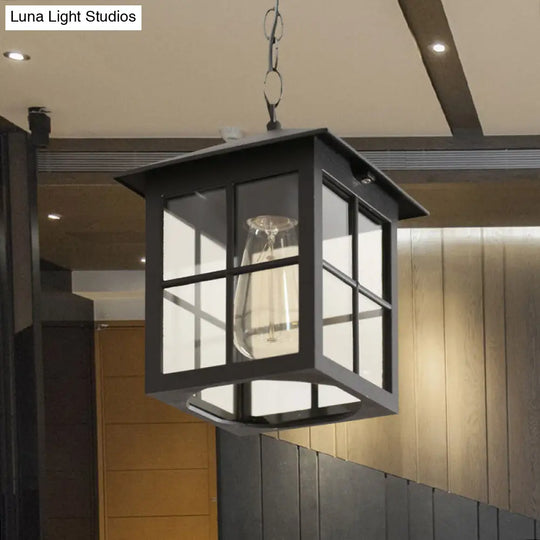 Clear Glass Farmhouse Hanging Pendant Light With 1 Bulb Cuboid Design (Black/Bronze)